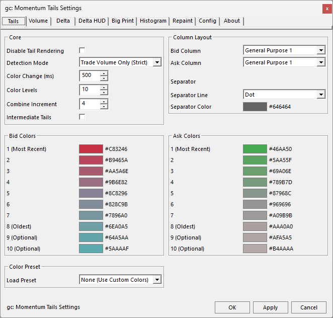 Momentum Tails settings window